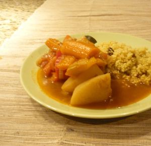 Follow the instruction on the pack of couscous to cook it, serve with the vegetables on the side and Harissa or spicy sauce that everybody can add in his plate.
